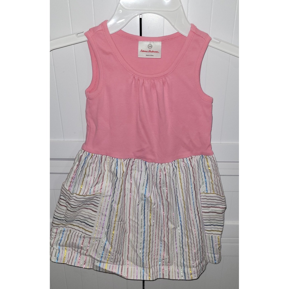 Hanna Andersson Girls Pink Metallic Rainbow Striped Pocket Dress Size 100 3T 4T
